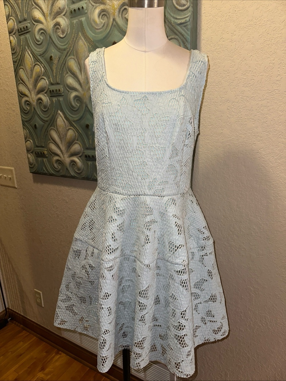 ASOS Light Blue Lace Fit Flare Dress Floral Overlay Skater Women’s US 10